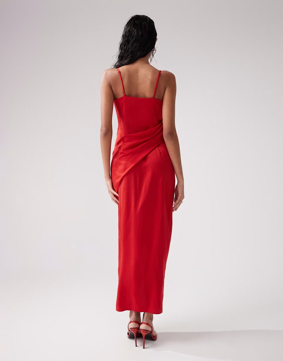 ASOS ASOS DESIGN satin cami midi dress with drape skirt in red - 3