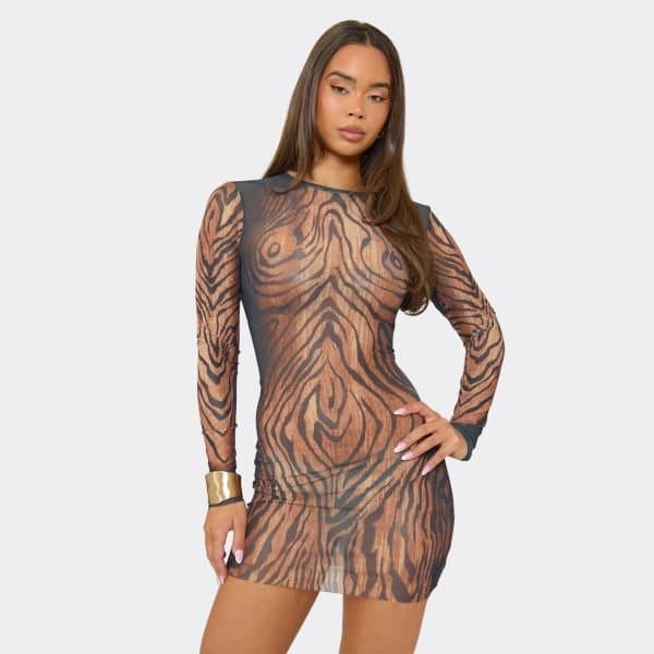 EGO Long Sleeve Bodycon Mini Dress In Multi Print, Women's Size UK 6