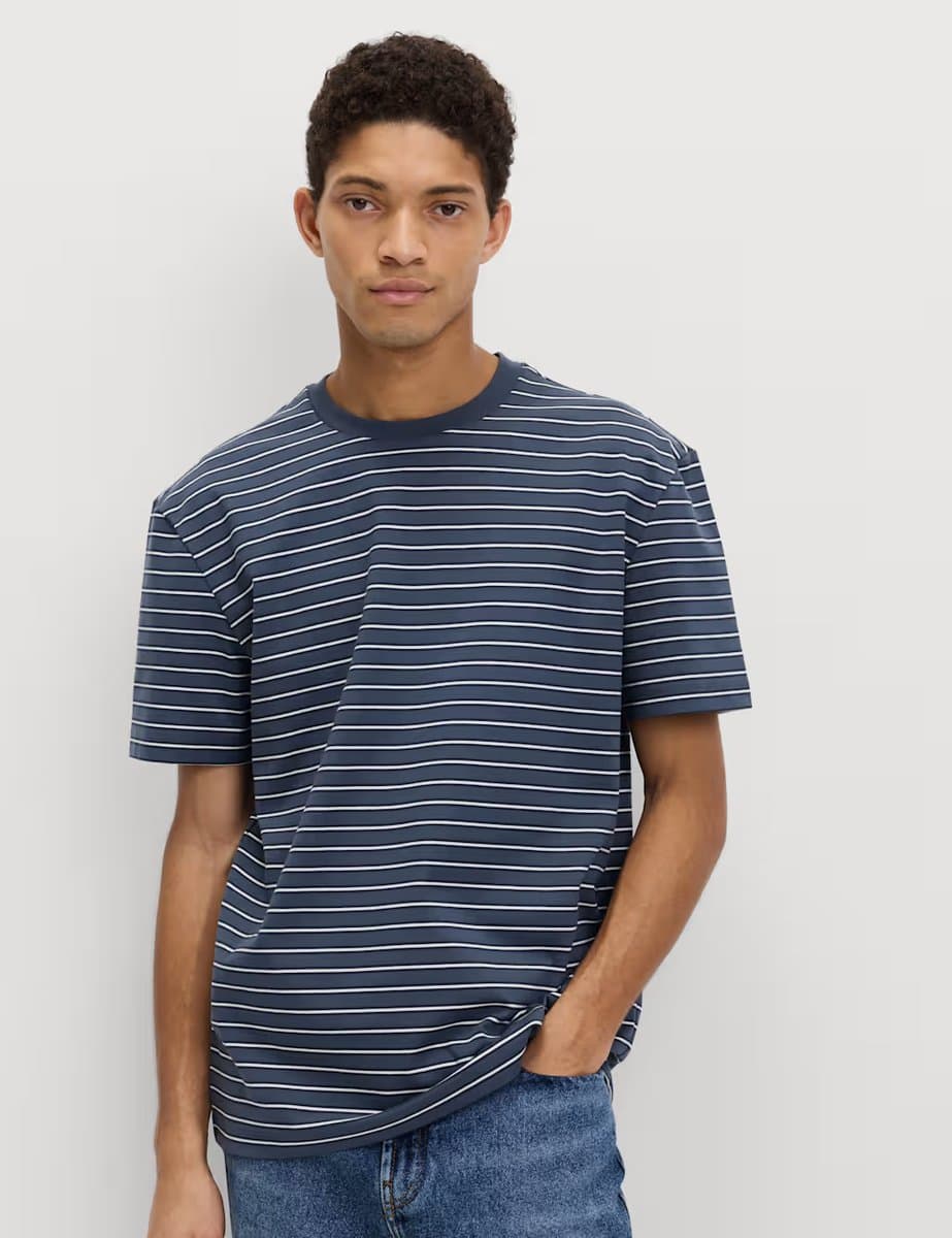 Marks & Spencer M&S Relaxed Fit Cotton Stripe T-Shirt in Navy