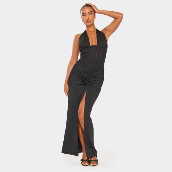 EGO Halterneck Corset Ruched Split Leg Detail Maxi Dress In Black, Women's Size UK 6