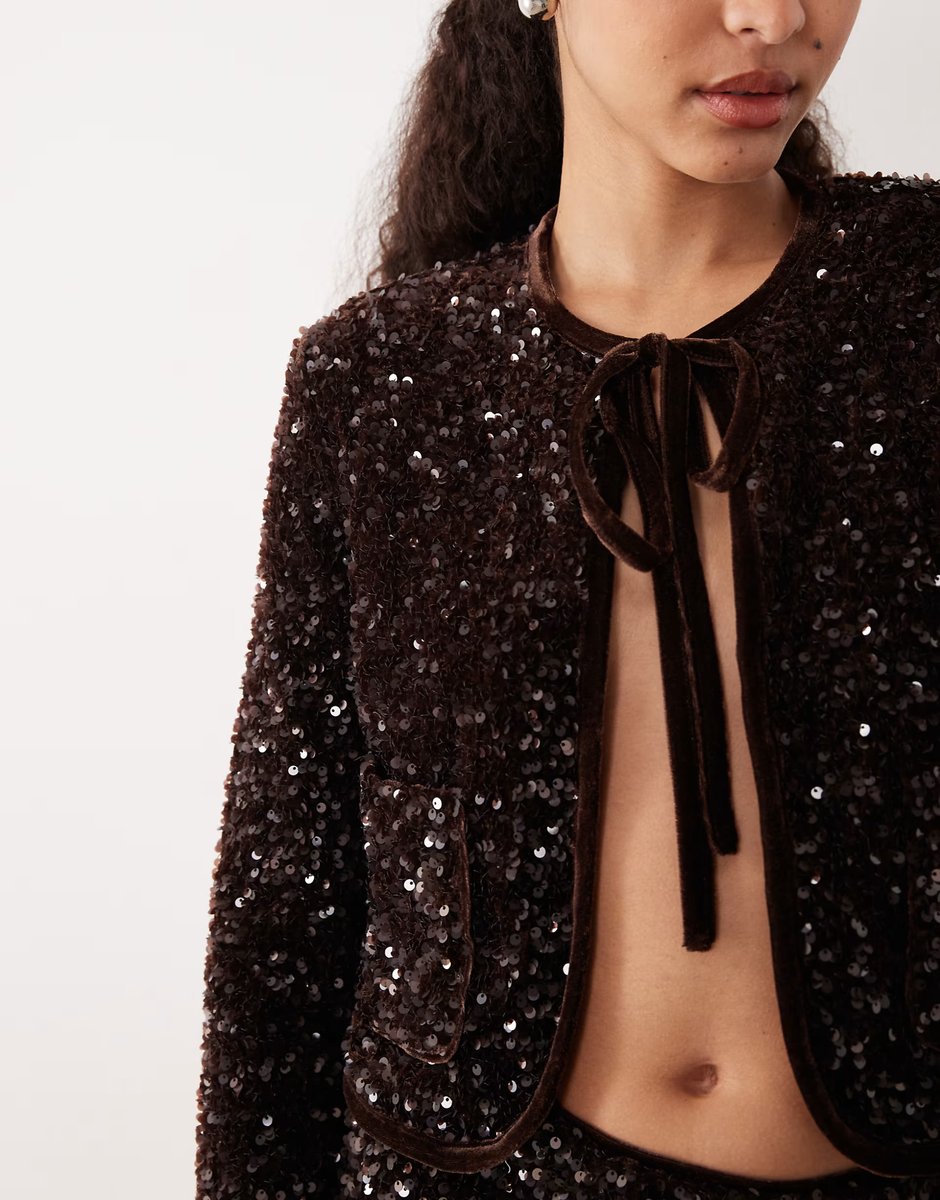 ASOS Mango sequin tie front jacket co-ord in chocolate - 4