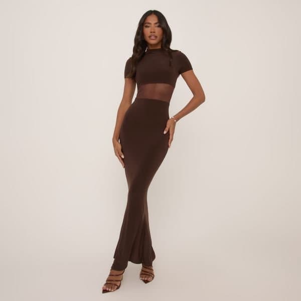 EGO Short Sleeve High Neck Mesh Insert Maxi Dress In Chocolate Brown Slinky, Women's Size UK 6