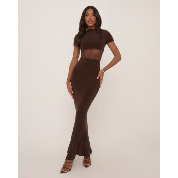 EGO Short Sleeve High Neck Mesh Insert Maxi Dress In Chocolate Brown Slinky, Women's Size UK 6 - 2