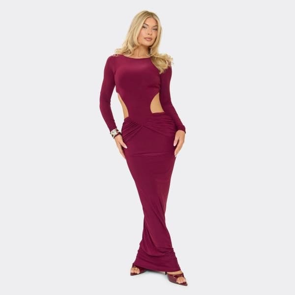 EGO Long Sleeve Cut Out Ruched Detail Maxi Dress In Red, Women's Size UK 6 - 1