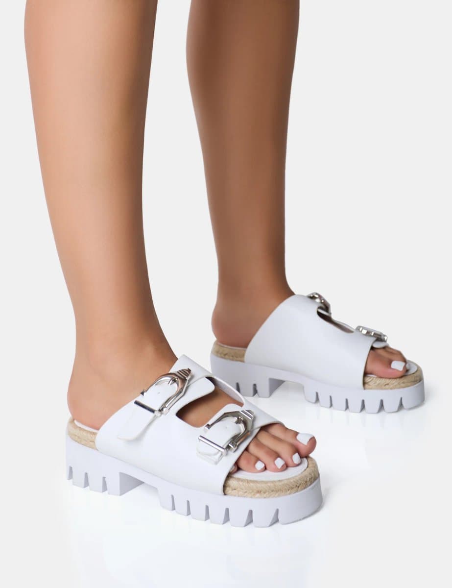 Public Desire Public Desire White Chunky Jute Detail Buckle Flatform Sandals