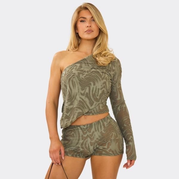 EGO Long Sleeve Asymmetric Detail Top In Khaki Textured, Women's Size UK 4 - 1