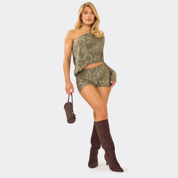EGO Long Sleeve Asymmetric Detail Top In Khaki Textured, Women's Size UK 4 - 2