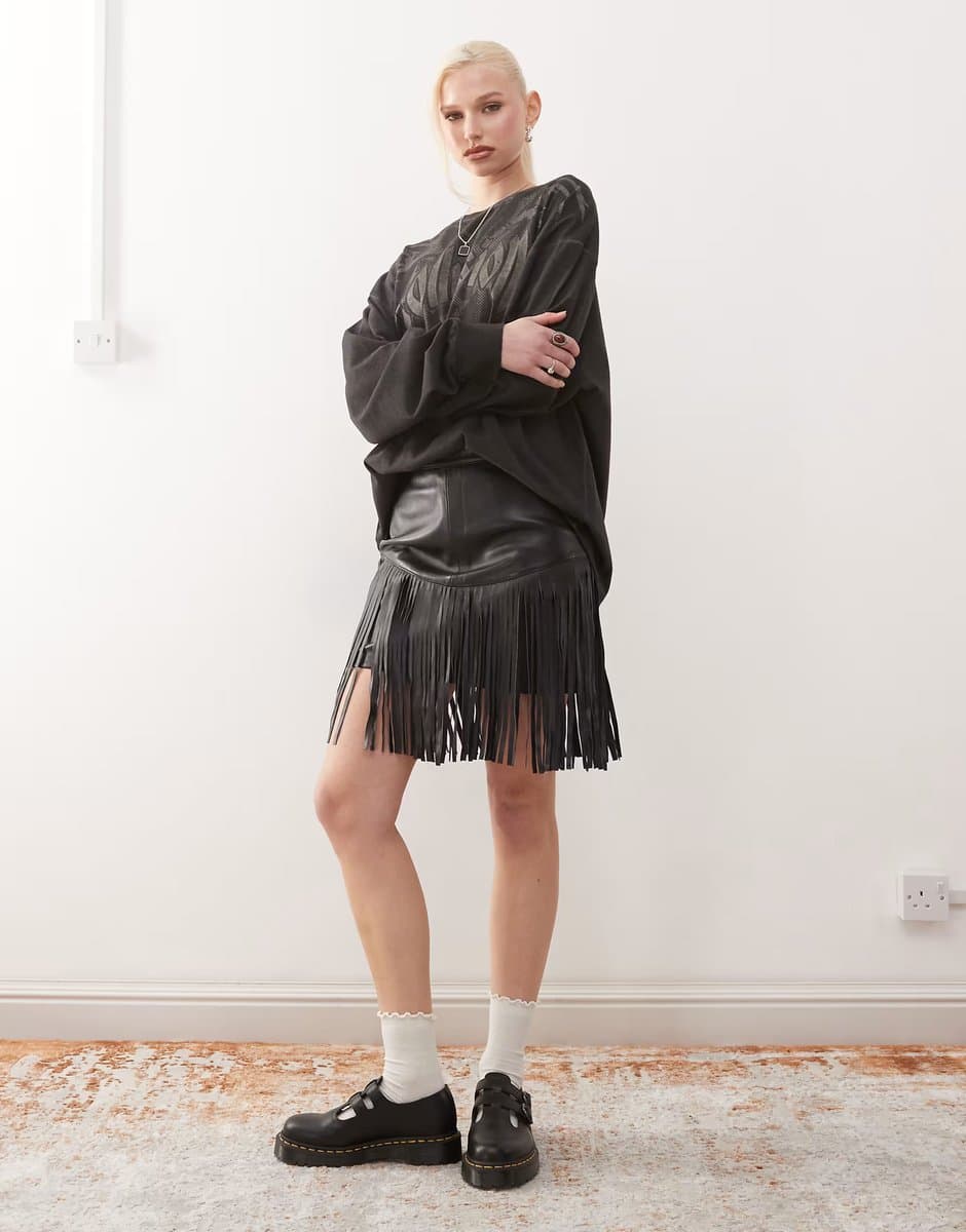 ASOS Barneys Originals Barneys originals real leather fringe skirt in black