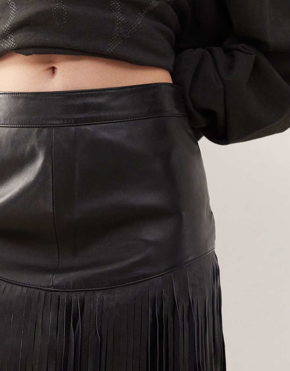 ASOS Barneys Originals Barneys originals real leather fringe skirt in black - 3