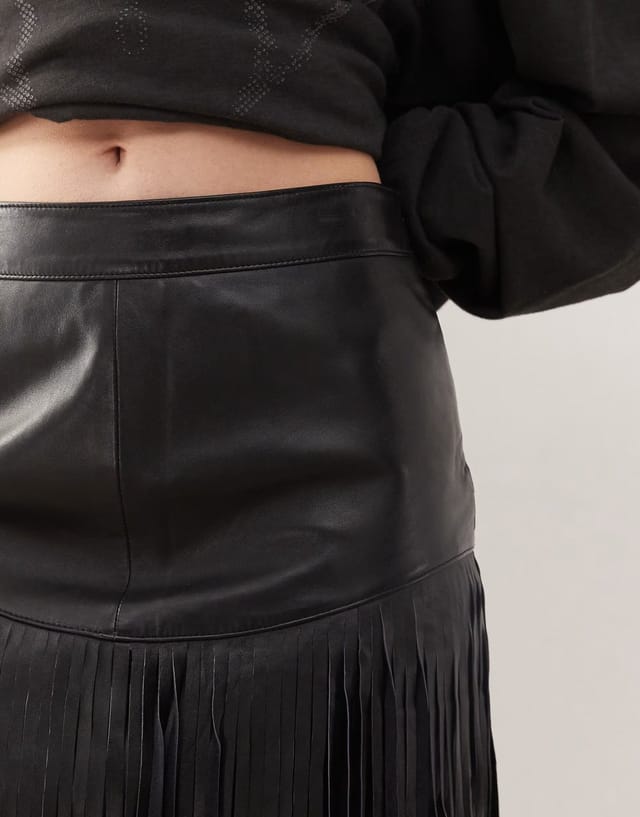 ASOS Barneys Originals Barneys originals real leather fringe skirt in black - 3