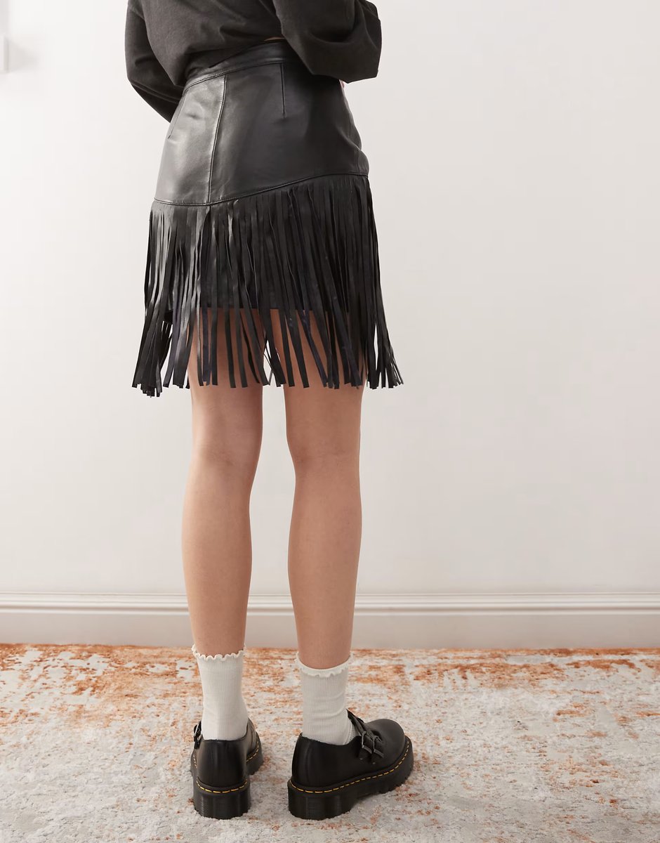 ASOS Barneys Originals Barneys originals real leather fringe skirt in black - 4