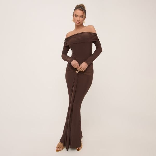 EGO Mid Waist Trim Detail Maxi Skirt In Chocolate Brown Slinky, Women's Size UK 6 - 1