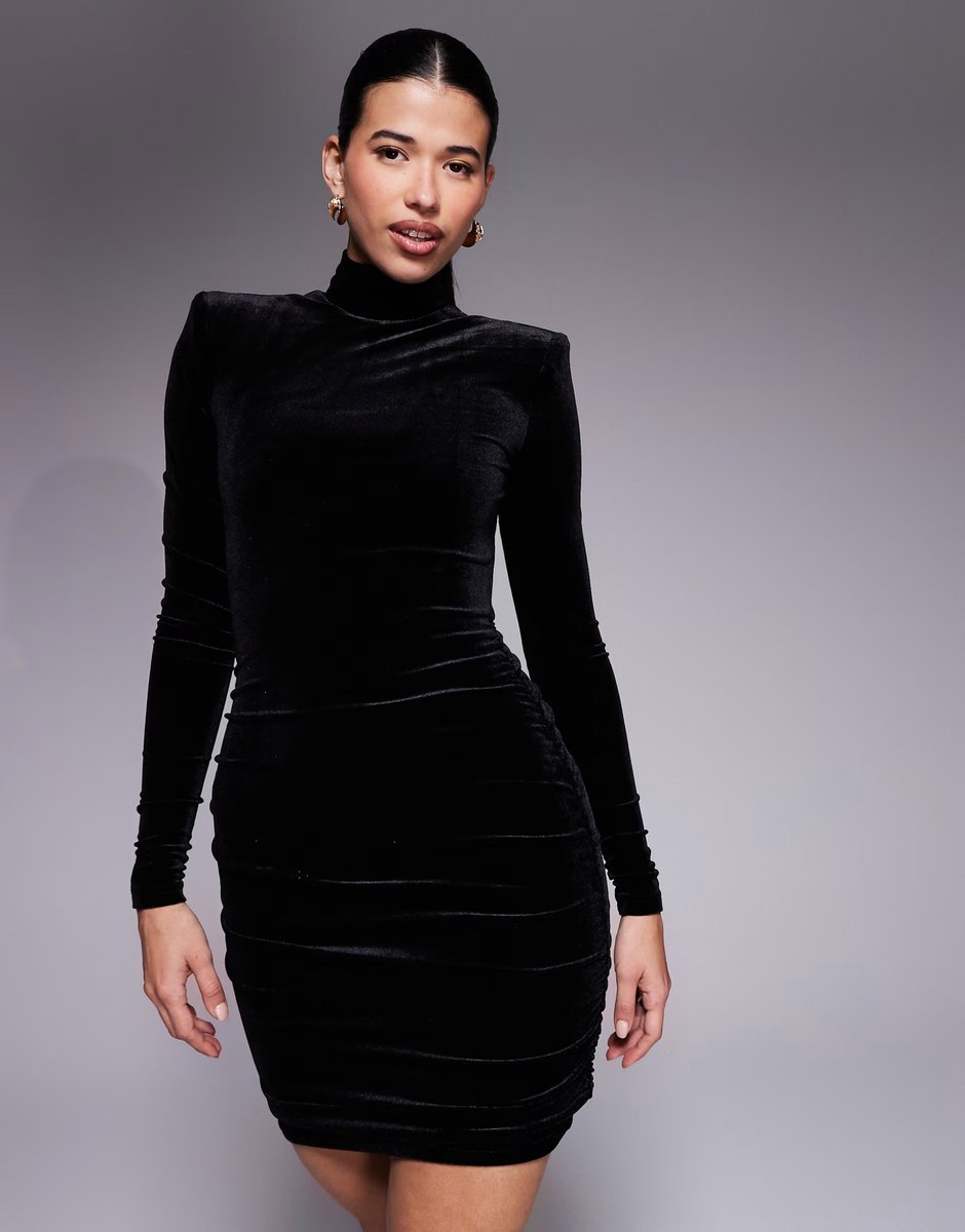 ASOS Ruched & Ready Upgraded You removable shoulder pad detail high neck long sleeve velvet mini dress in black - 4