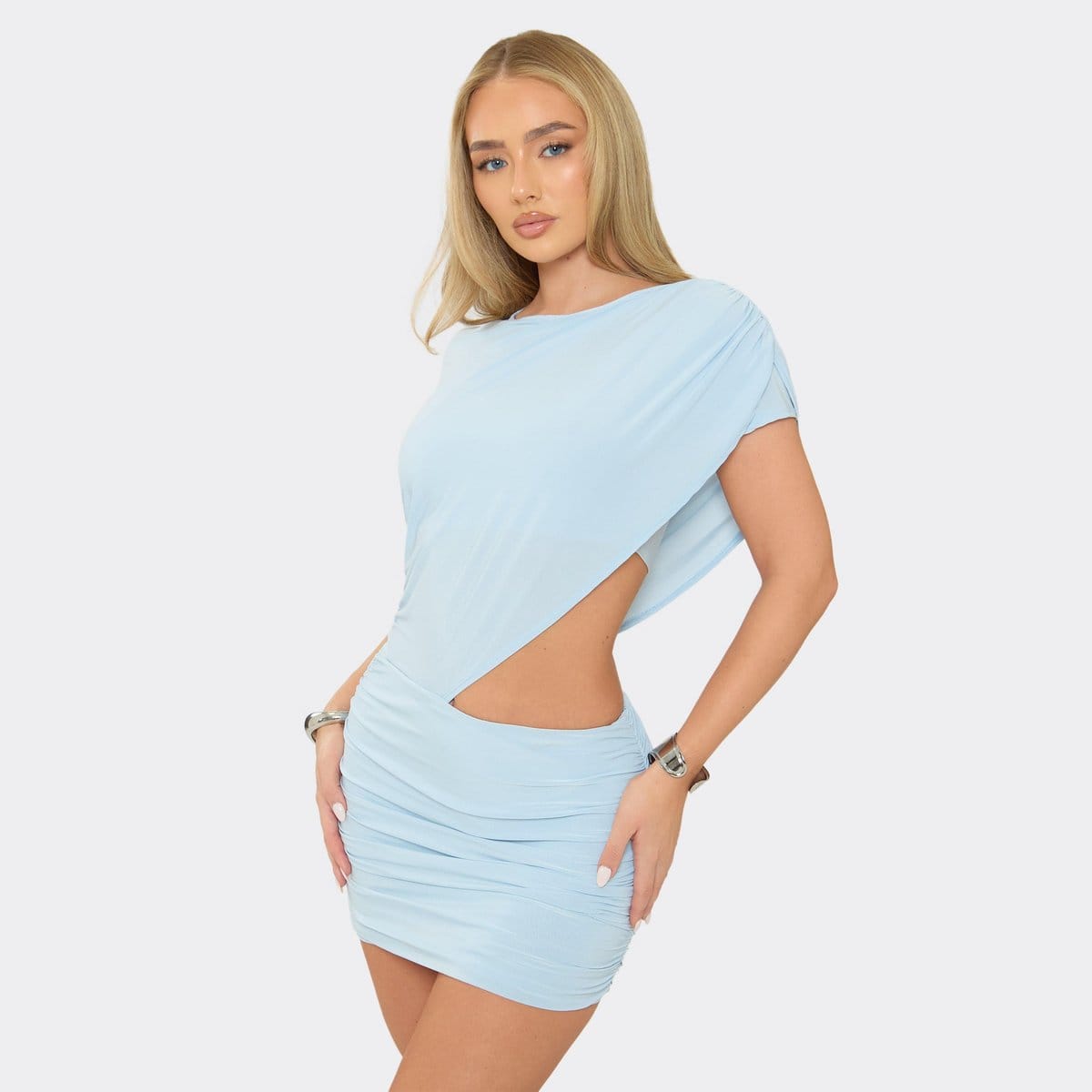 EGO Short Sleeve Drape Shoulder Cut Out Mini Dress In Baby Blue Slinky, Women's Size UK 6 - 1