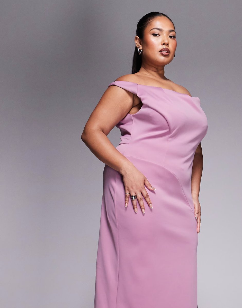 ASOS ASOS DESIGN Curve  pleated bardot maxi dress in rose in scuba-style fabric - 4