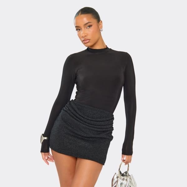 EGO Mid Rise Drape Ruched Mini Skirt In Black Glitter, Women's Size UK 6 - 1