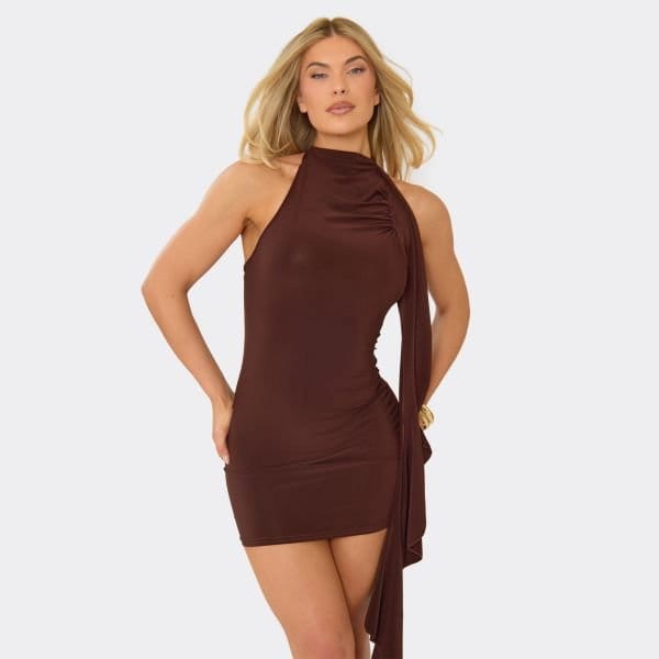 EGO High Neck Drape Detail Mini Dress In Chocolate Brown, Women's Size UK 10 - 1