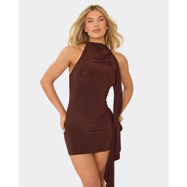 EGO High Neck Drape Detail Mini Dress In Chocolate Brown, Women's Size UK 10 - 2
