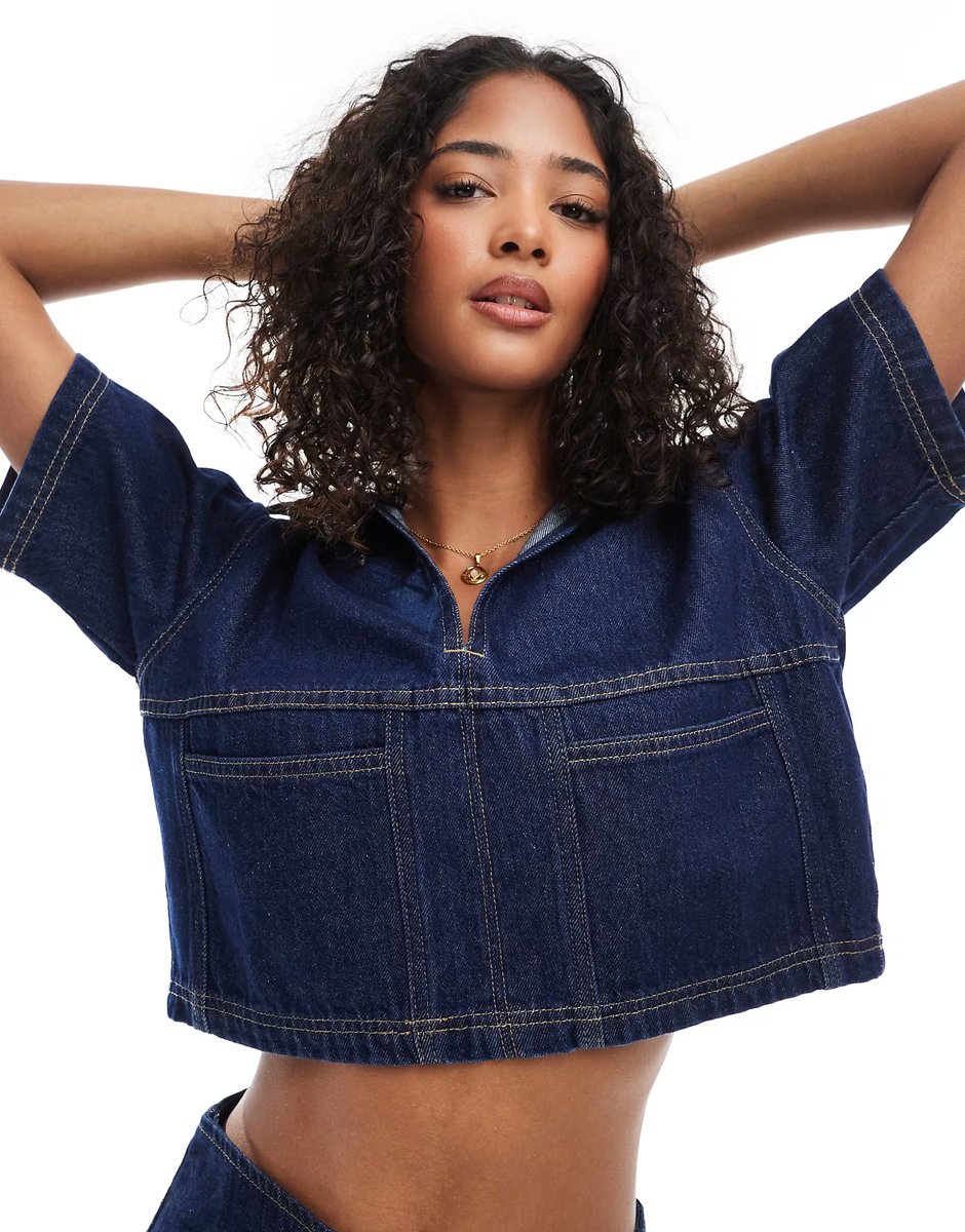 ASOS ASOS DESIGN denim rugby top in rinse co-ord - 3