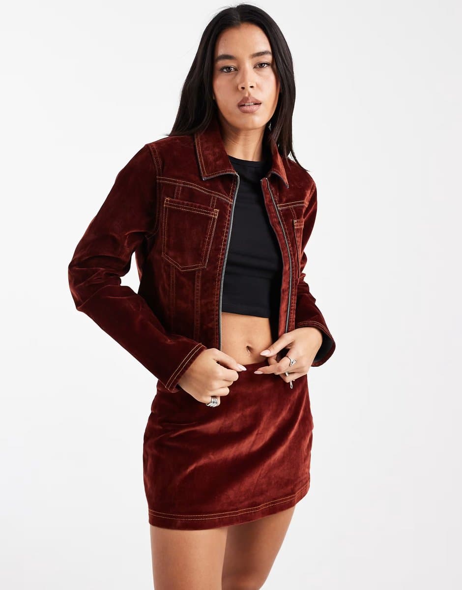 ASOS COLLUSION co-ord flocked denim jacket with contrast stitch in burnt orange