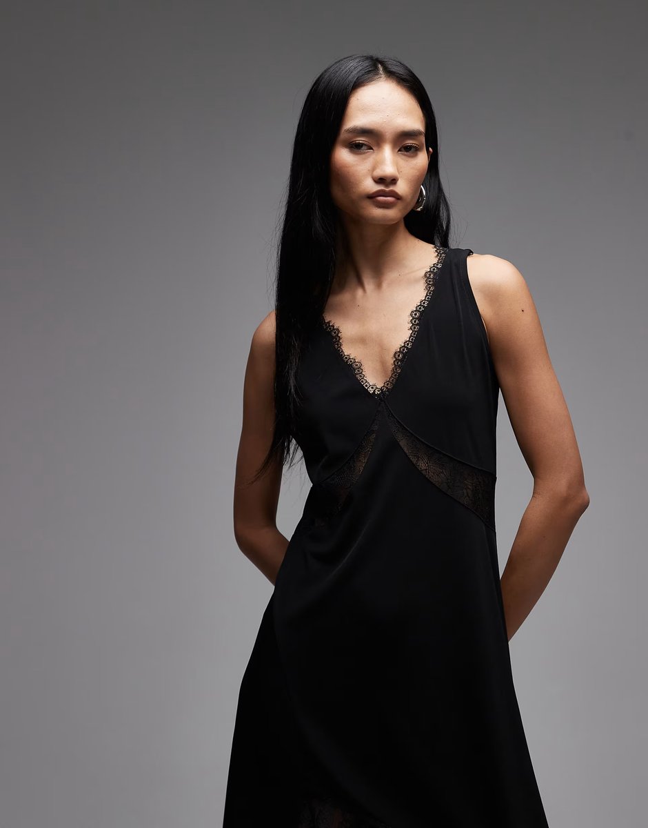 ASOS Allsaints lailey asymmetric lace trim dress in black - 4