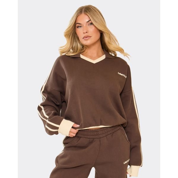 EGO Long Sleeve V Neck Contrast Collar Oversized Jumper In Chocolate Brown, Women's Size UK 6 - 2