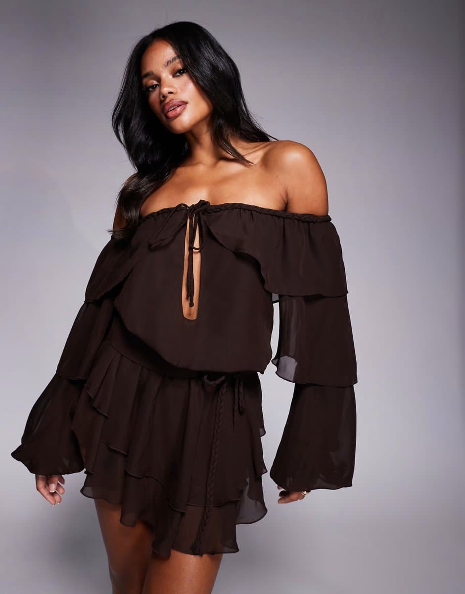 ASOS Murci chiffon bardot tiered ruffle mini dress in chocolate