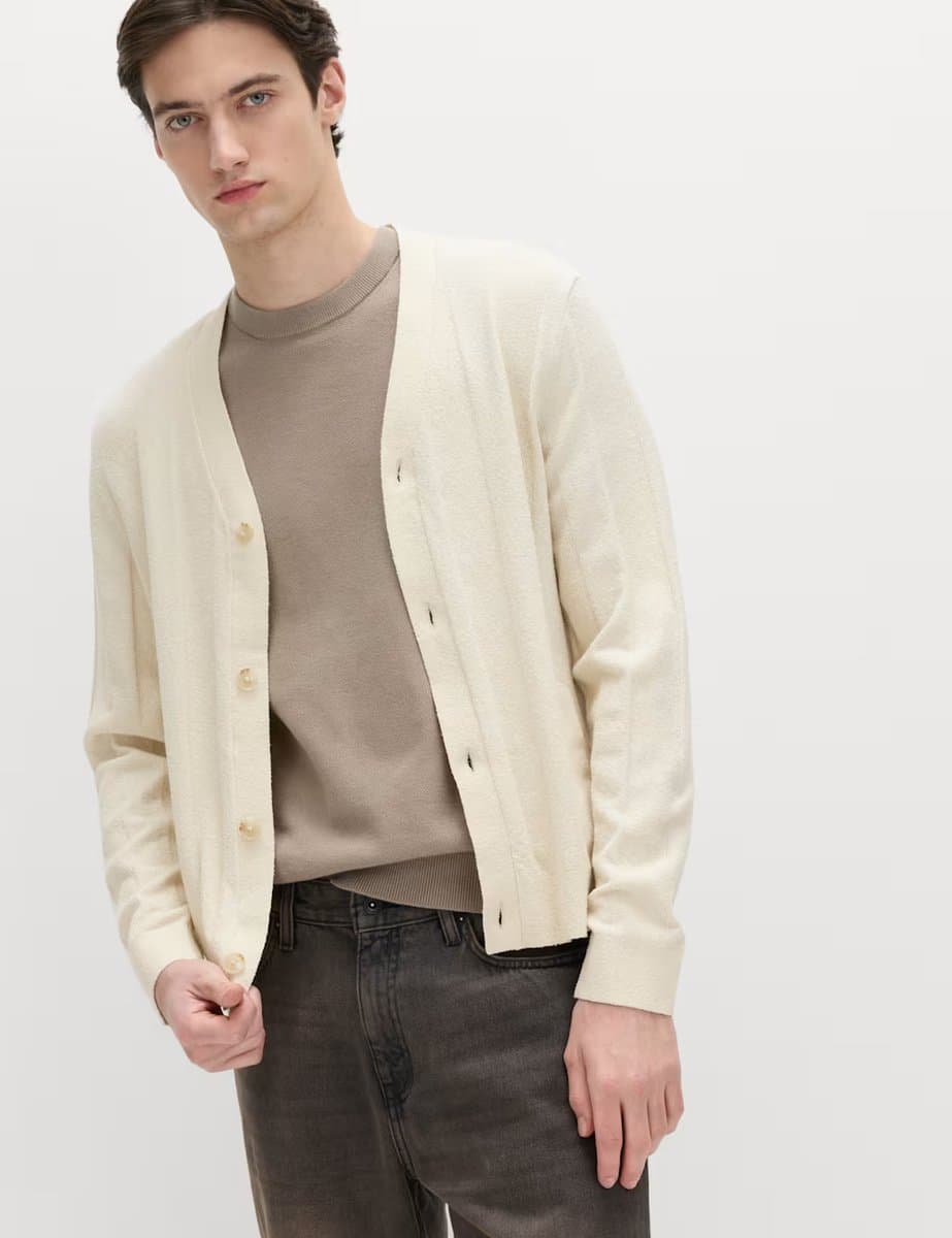 Marks & Spencer M&S Cotton Rich Bouclé Knitted Cardigan Ecru