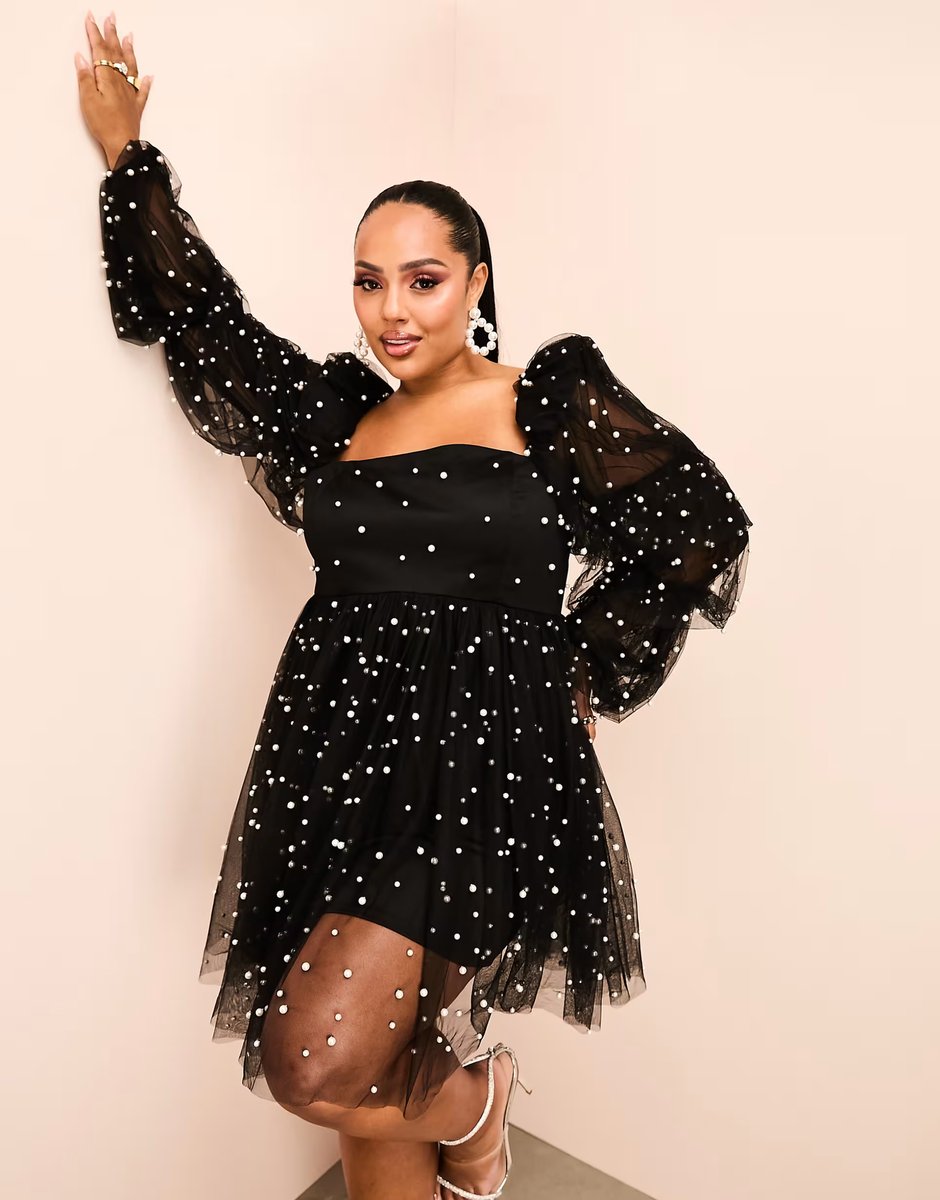 ASOS ASOS LUXE Curve tulle baby doll dress with pearl embellishment in black - 2