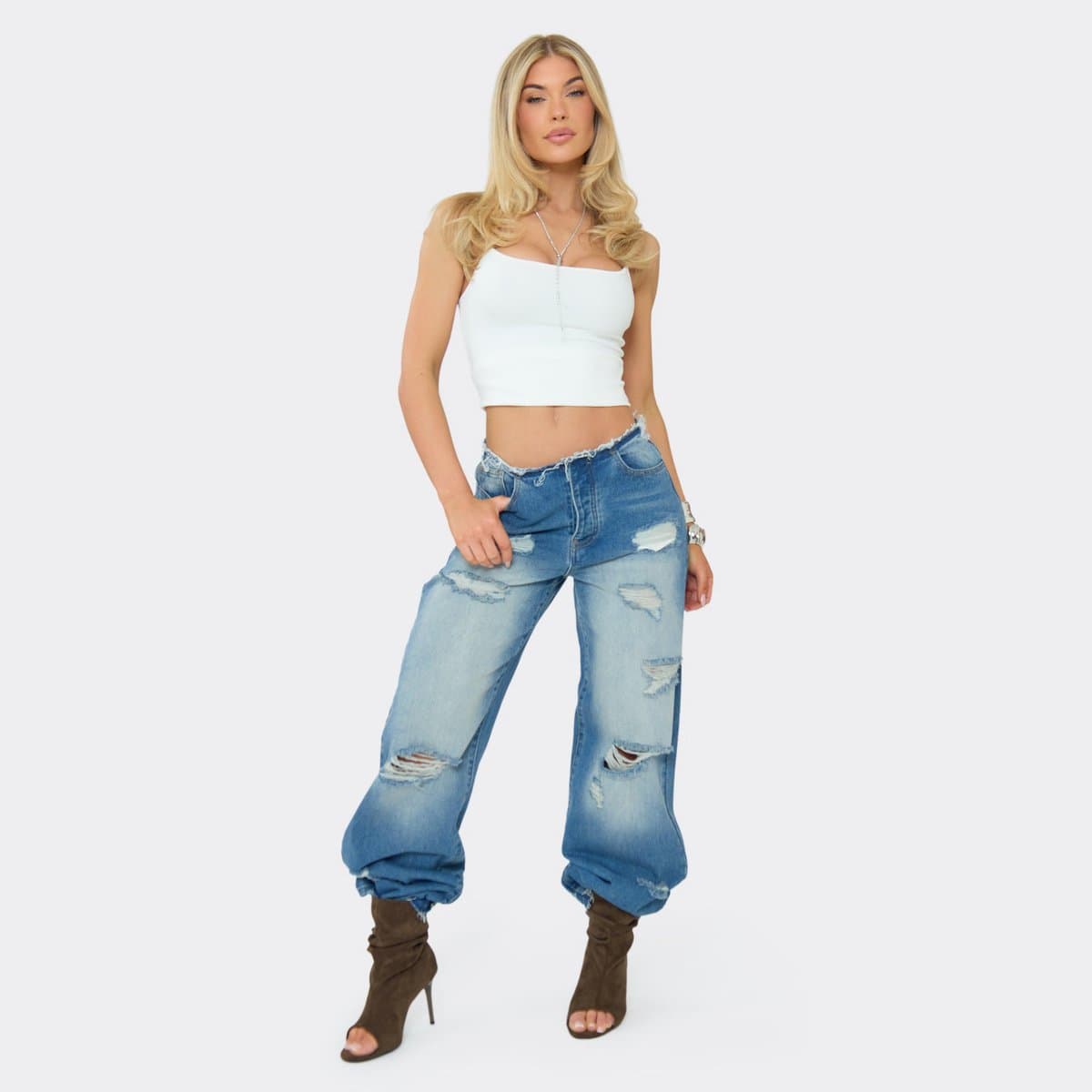 EGO EGO Mid Rise Distressed Waist Jeans in Blue Denim