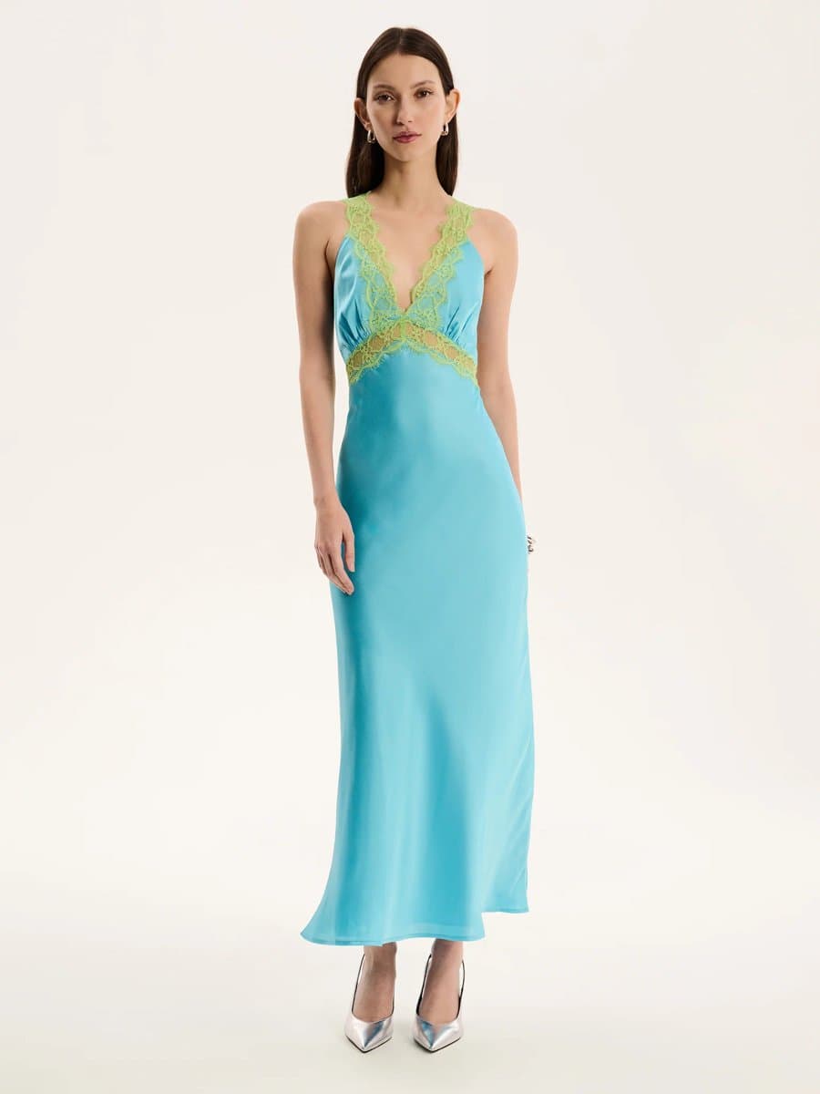 OMNES Aurelia Lace Trim Maxi Dress in Turquoise and Green