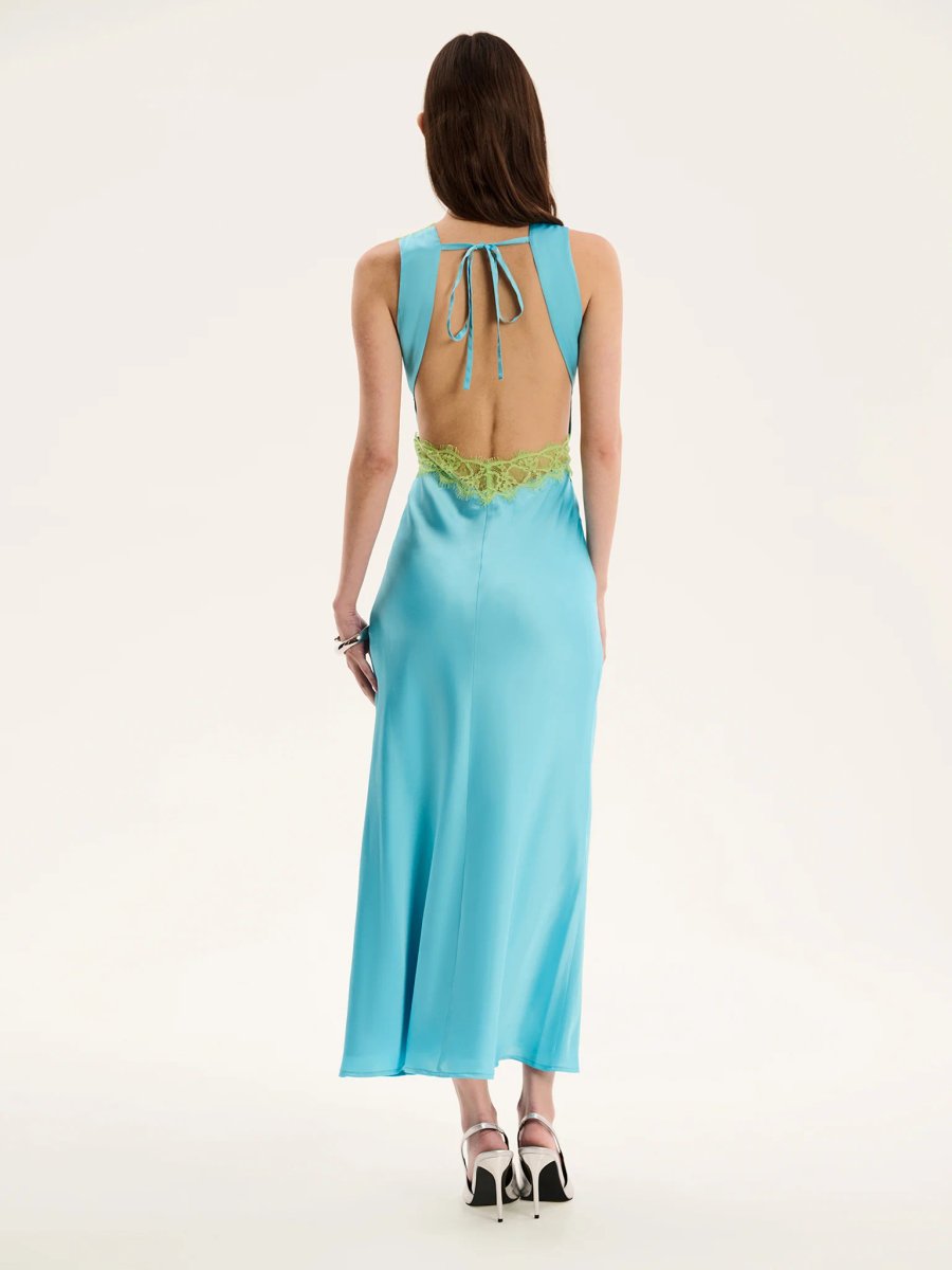 OMNES Aurelia Lace Trim Maxi Dress in Turquoise and Green - 2