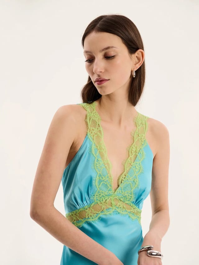 OMNES Aurelia Lace Trim Maxi Dress in Turquoise and Green - 3