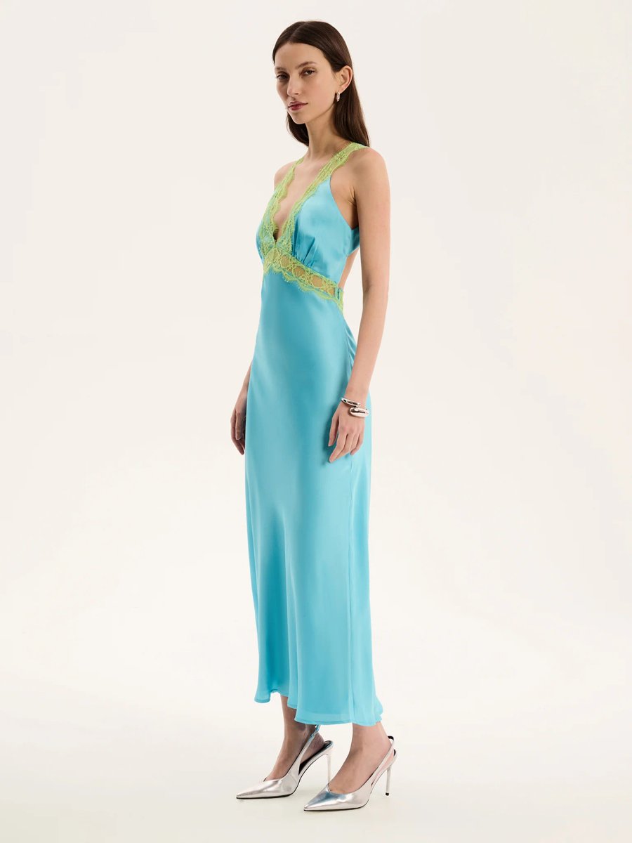 OMNES Aurelia Lace Trim Maxi Dress in Turquoise and Green - 4