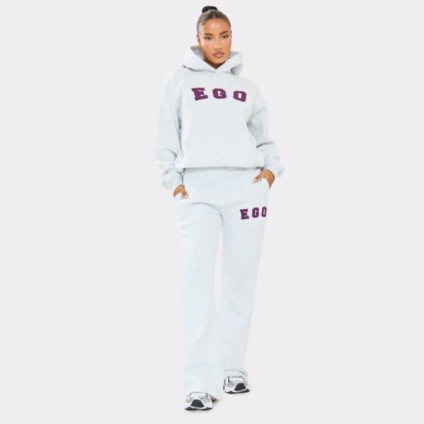 EGO High Waist Borg Ego Graphic Slogan Flared Leg Joggers In Grey, Women's Size UK 8