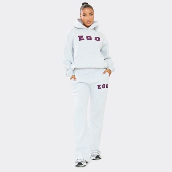 EGO High Waist Borg Ego Graphic Slogan Flared Leg Joggers In Grey, Women's Size UK 8 - 1