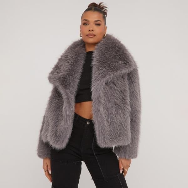 EGO Oversized Collar Detail Cropped Jacket In Grey Faux Fur, Women's Size UK 10