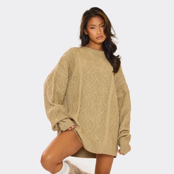 EGO Oversized Jumper Dress In Beige Cable Knit, Women's Size UK Small S