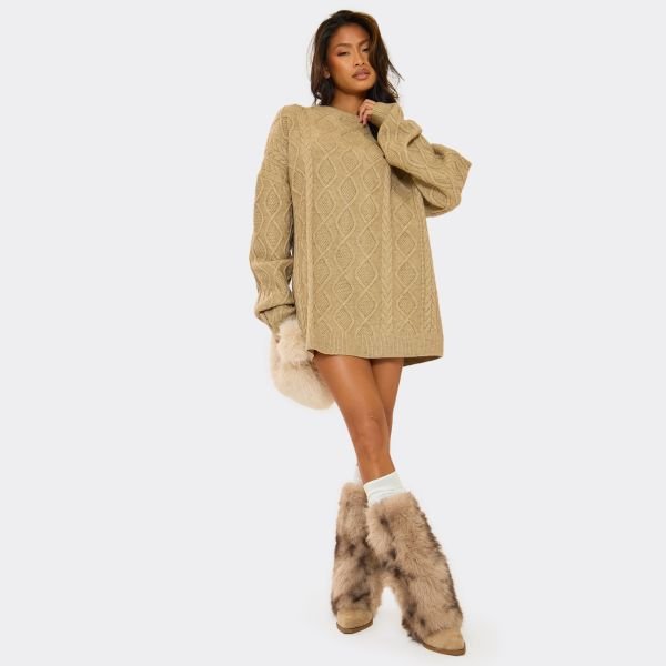 EGO Oversized Jumper Dress In Beige Cable Knit, Women's Size UK Small S - 2