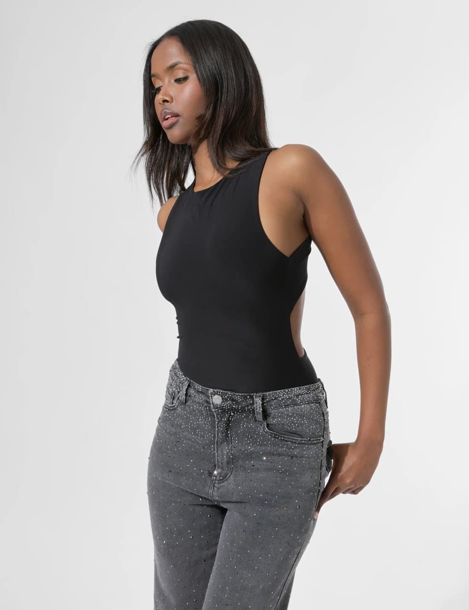 Public Desire Cross Over Back Detail Luxe Slinky Bodysuit Black