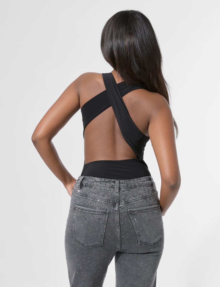 Public Desire Cross Over Back Detail Luxe Slinky Bodysuit Black - 2