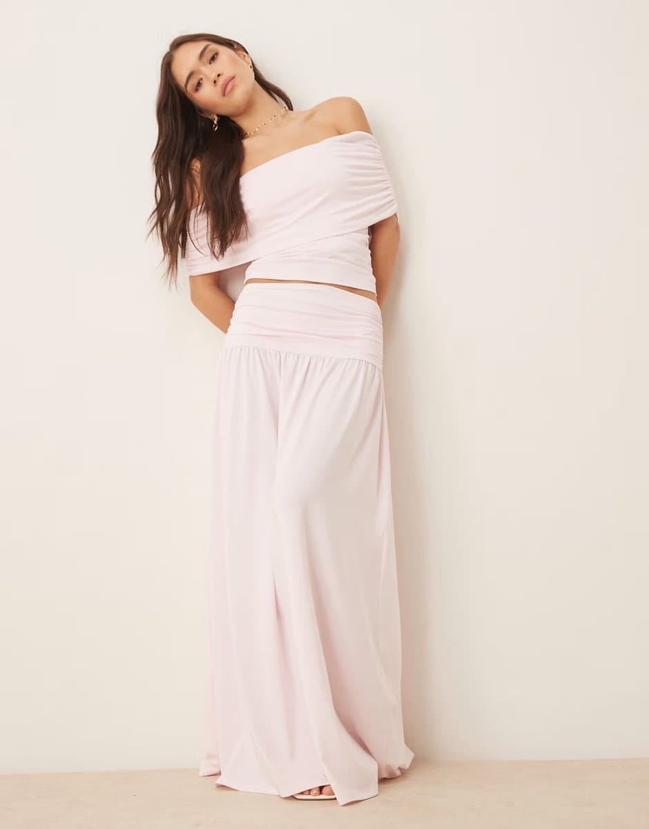 ASOS ASOS DESIGN mix & match drop waist ruched maxi skirt in pastel pink