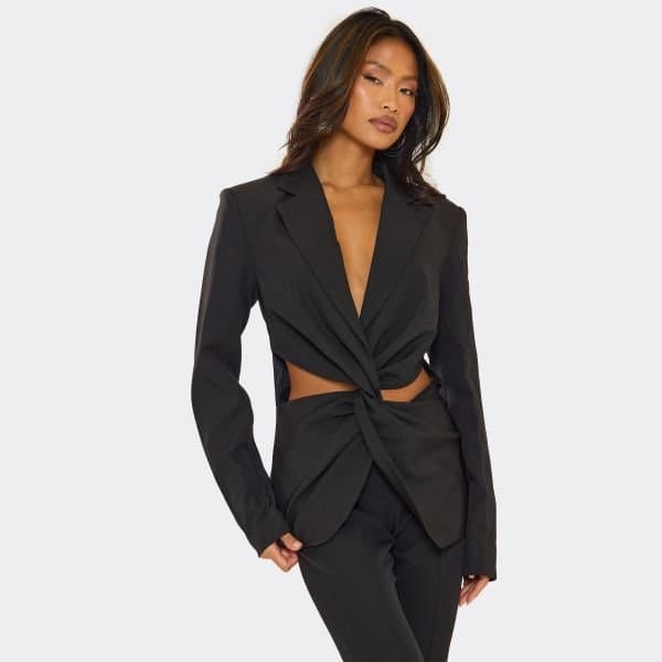 EGO Cut Out Twist Front Detail Fitted Blazer In Black, Women's Size UK 6