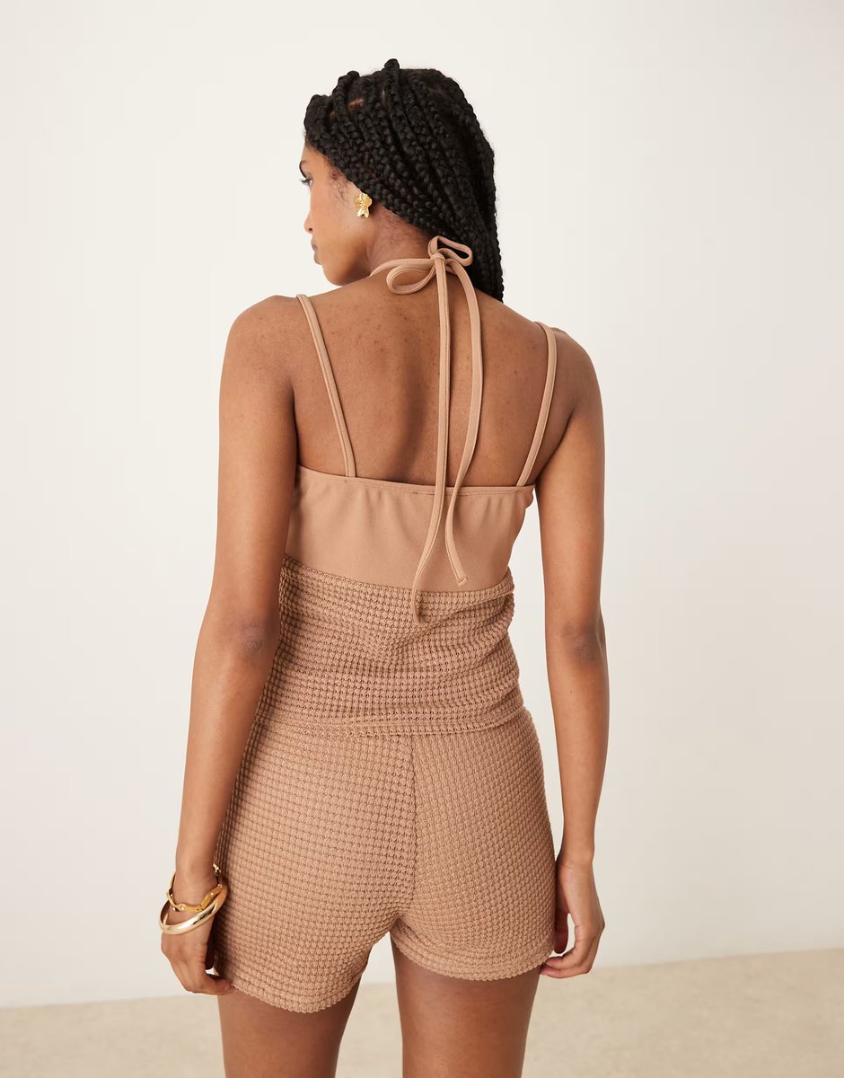 ASOS ASOS DESIGN co-ord crochet halter neck detail top with bead detail in mocha - 4