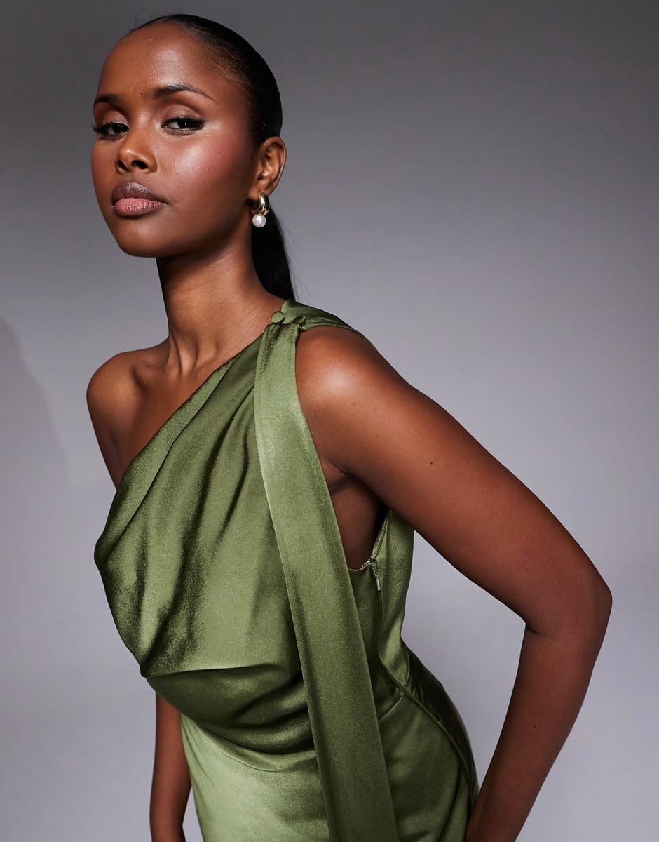 ASOS ASOS DESIGN satin scarf detail fallen shoulder playsuit in khaki - 4