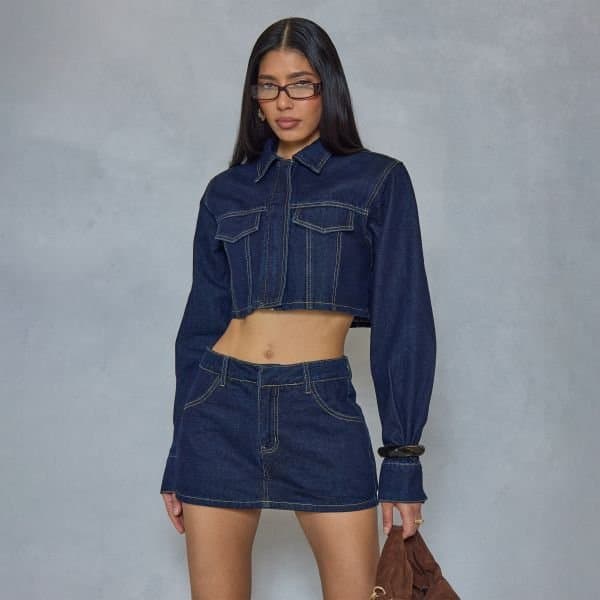 EGO CROPPED DENIM JACKET IN BLUE, Women's Size UK 6