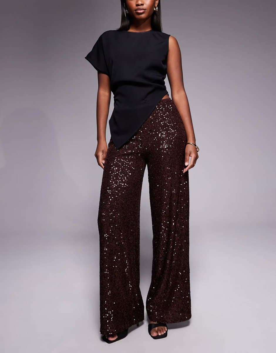 ASOS ASOS DESIGN allover sequin wide leg trouser in chocolate