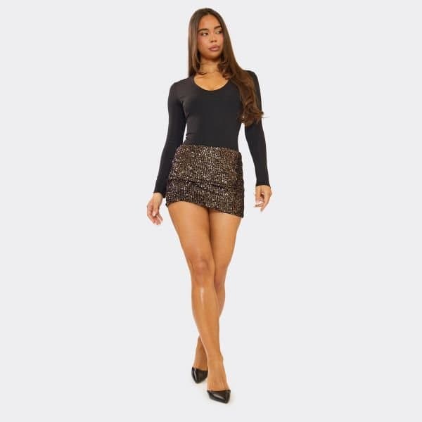 EGO Mid Rise Mini Skirt In Bronze Sequin, Women's Size UK 14