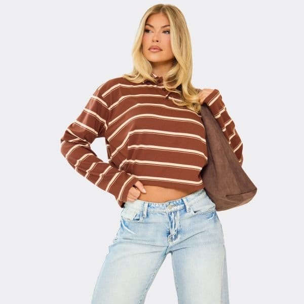 EGO Long Sleeve Rugby Top In Brown Stripe, Women's Size UK 6 - 1