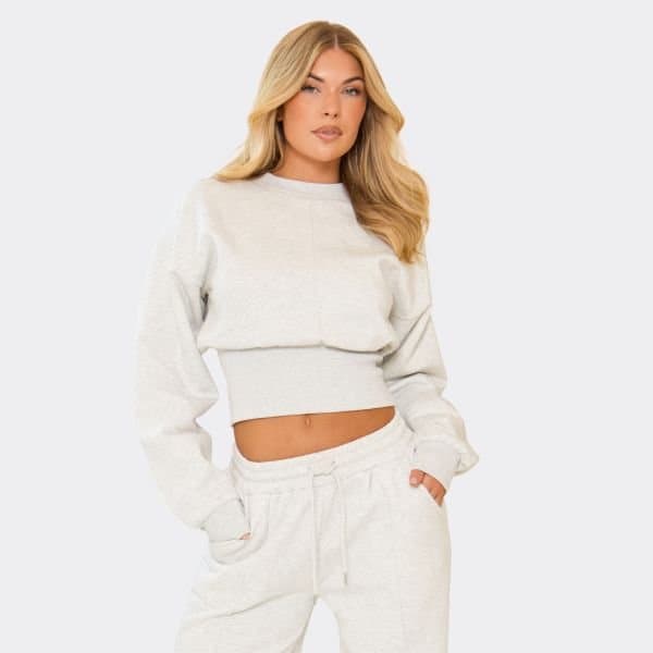 EGO Long Sleeve Cinched Waist Seam Detail Sweatshirt In Light Grey Marl, Women's Size UK 6